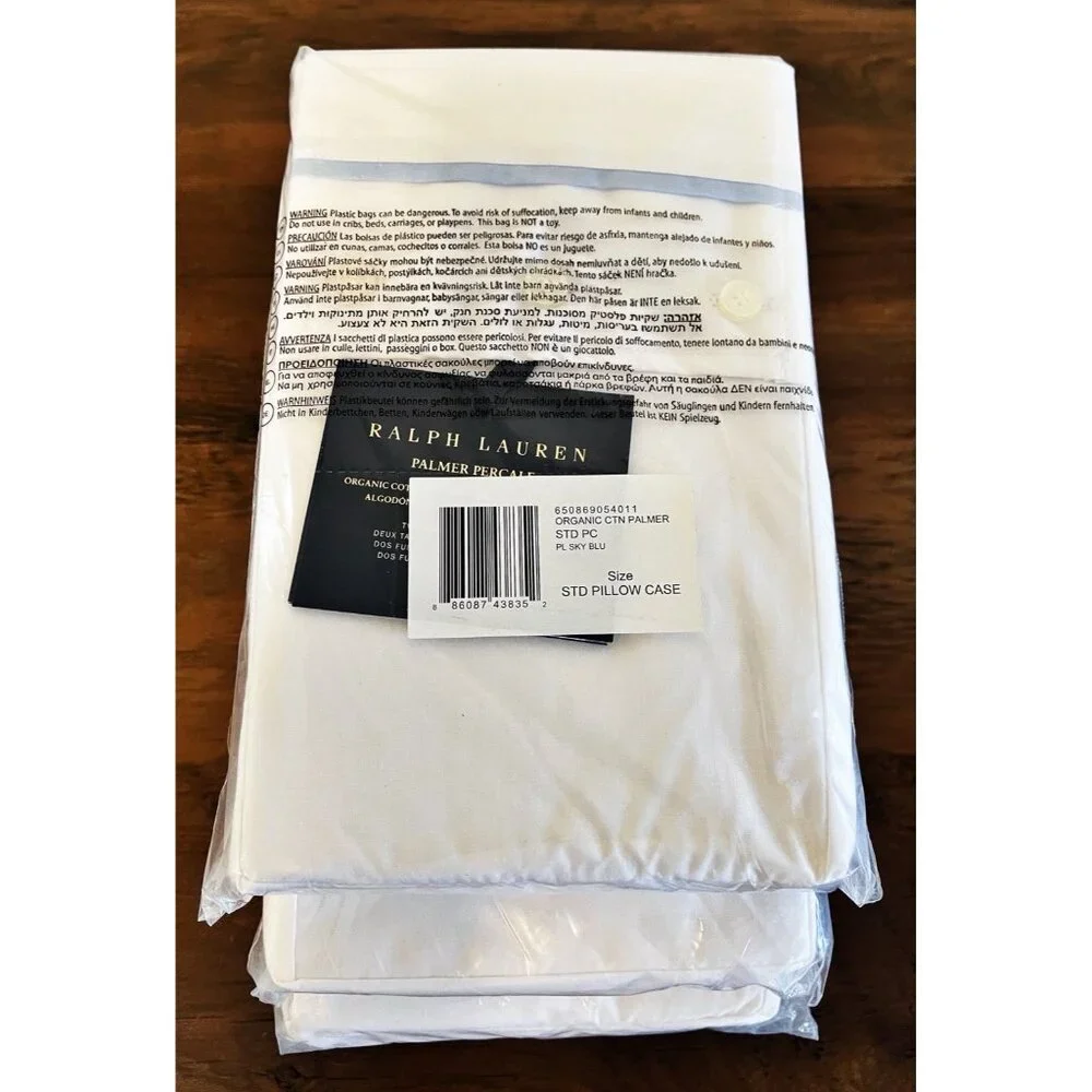 New Ralph Lauren Palmer Percale 2 Standard Pillowcases Organic Cotton Sky Blu